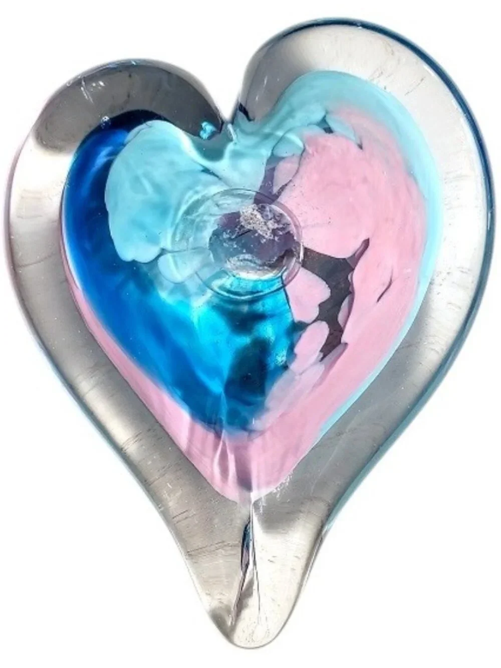 Vintage Art Glass Blue, Pink and Clear HEART Paperweight Sculpture